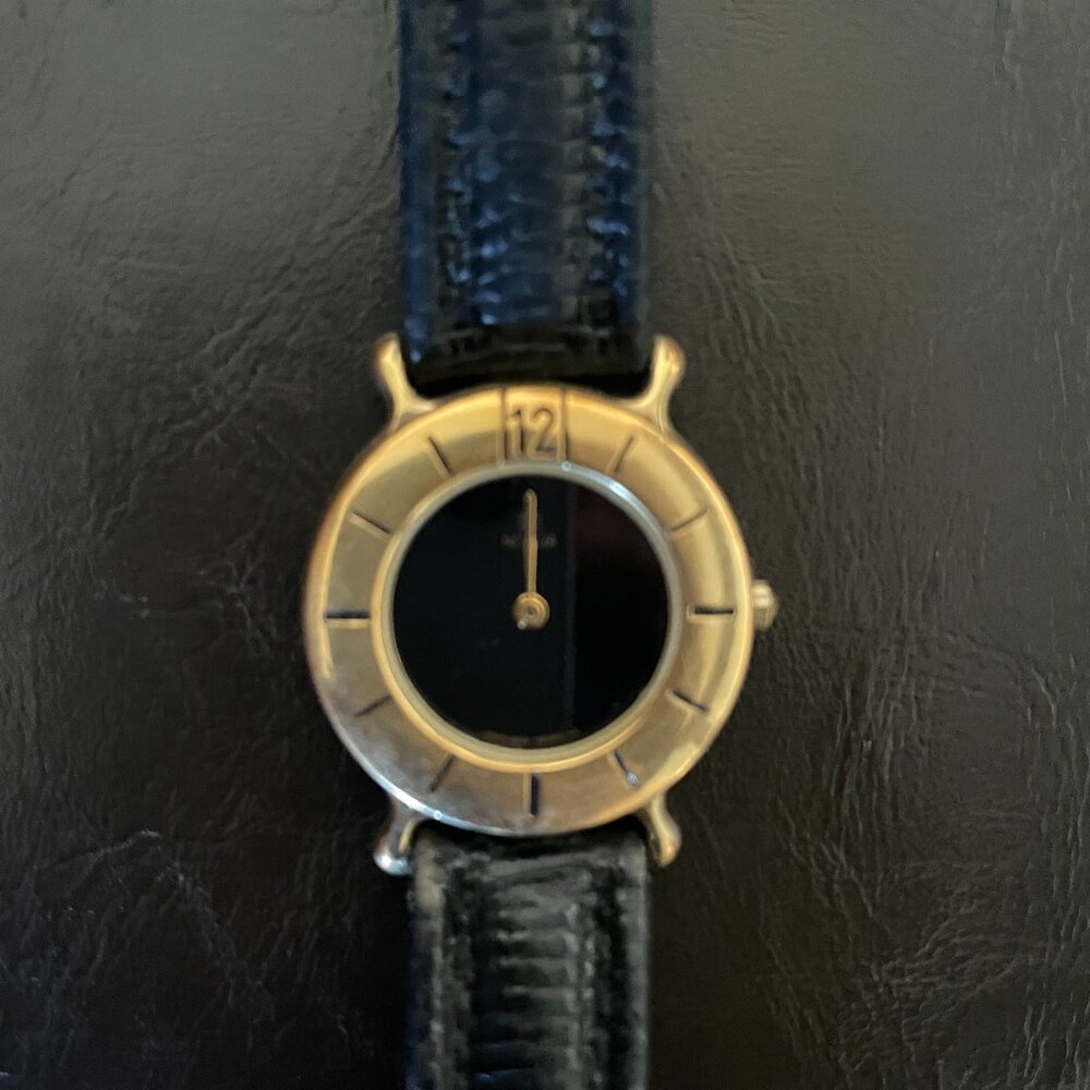 Noblia Gold & Black Face Minimal Ladies Watch with Black Leather Strap